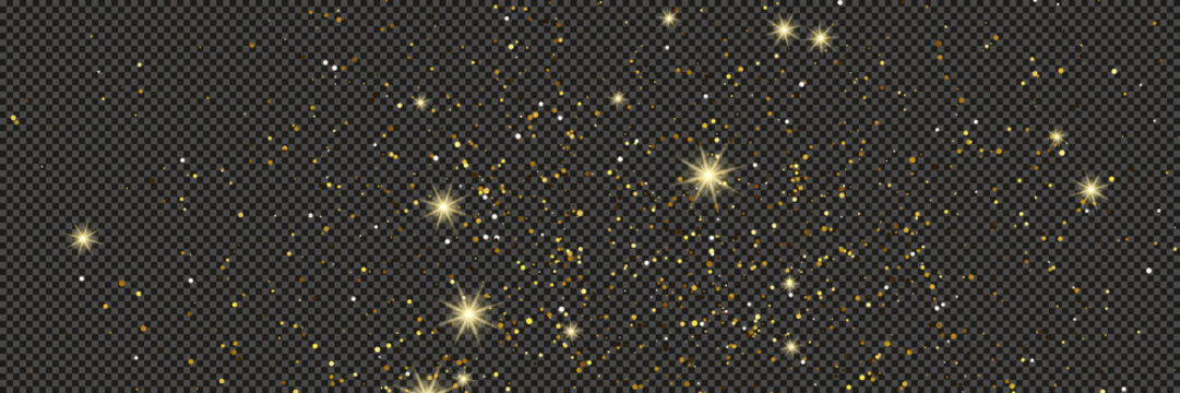 Gold glittering dust with stars on transparent backdrop