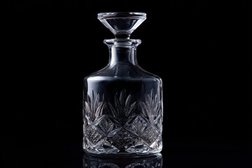 Crystal whiskey decanter of elegant design on black background showing luxury style of empty glass container for alcohol beverage drink in bar or restaurant