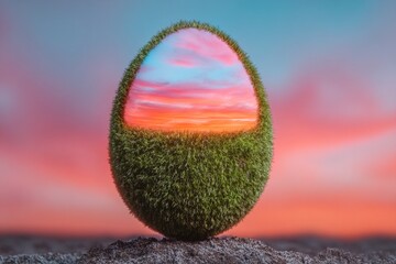 Creative design of a grassy egg reflecting a sunset sky in a serene landscape at dusk