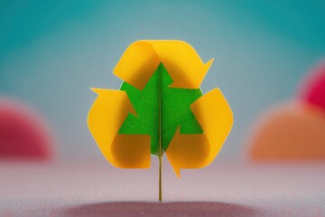 Colorful paper art showcasing a leaf shape merged with recycling symbols on a simple background