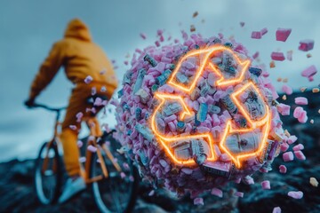 Person rides bicycle near colorful display of recycled materials in urban setting during late afternoon