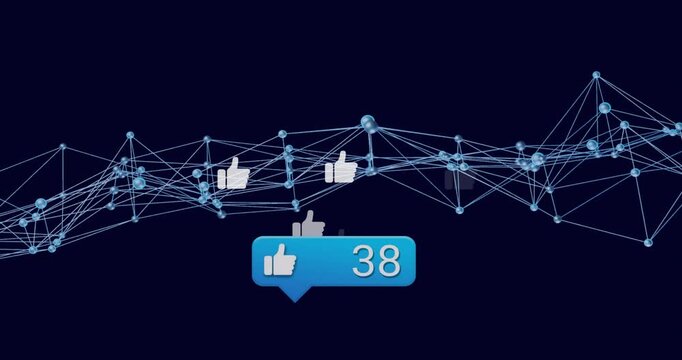 Nodes pulsing starting speech bubble emerging floating likes, updating count showing network growth