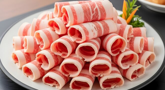 A mountain of fresh thinly sliced raw beef rolls with high quality marbling served on a plate for traditional Asian hot pot or Korean BBQ.
