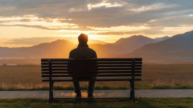 Man Sitting on Bench Overlooking Mountains at Sunrise with Golden Light silhouette