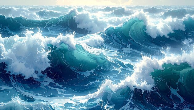 Powerful ocean waves crashing dramatically on rocky cliffs under stormy sky