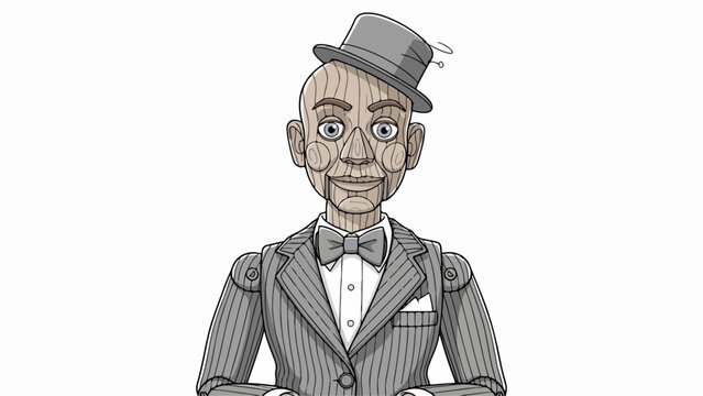 Ventriloquist puppet, wooden dummy in gray pinstripe suit, bow tie, tilted top hat. Classic ventriloquist puppet offers vintage entertainment charm for theater shows.