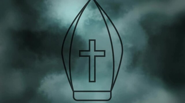 Mitre emblem staying fixed while teal fog drifting, faint glow sparking pulsing highlighting cross