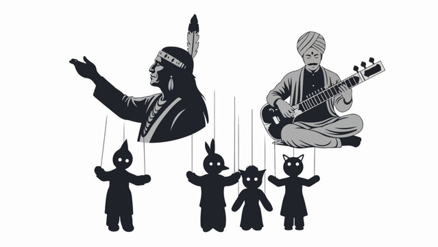 Silhouetted puppet master figures manipulate small string puppets. One puppet master portrays a Native American chief, another depicts an Indian musician playing sitar,