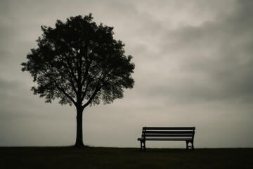 Solitary tree and empty bench silhouetted against a moody overcast sky