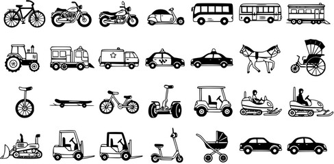 Transportation Vehicles Black and White Line Art Icons Set - Diverse Modes of Travel, Logistics, and Urban Mobility Glyphs © victoria