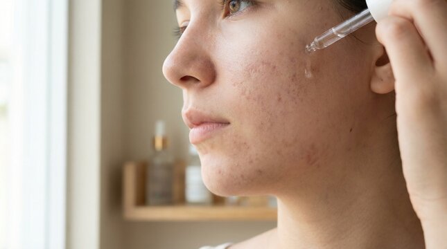 Young woman applying serum to face in natural light indoors  