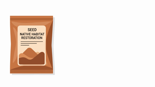 Flat illustration of brown packet for habitat restoration seed. Packet includes text indicating native habitat restoration seed, symbolizing ecological renewal and sustainable development for future.