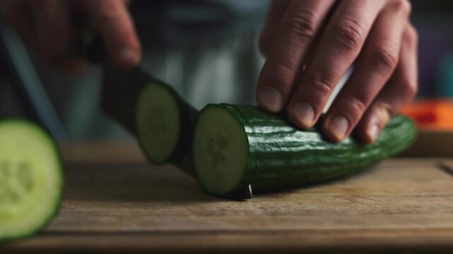 Chopping a cucumber on the wooden board.