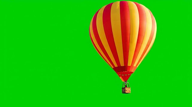 Bright red and yellow striped hot air balloon floating on a green screen background perfect for travel and adventure concepts