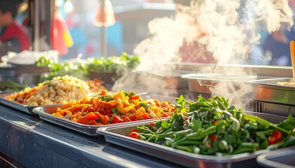Steaming buffet trays with fresh vegetables and salads