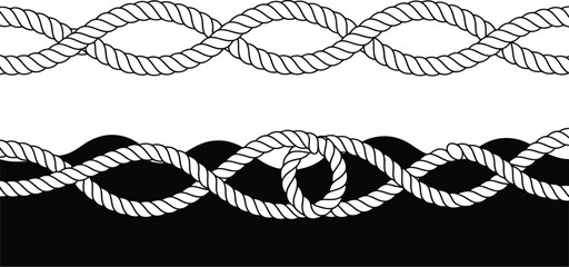 Wavy rope curve set repeating hemp cord stripes collection with loop tie braid seamless black white marine vector elements design © ALEX BIN