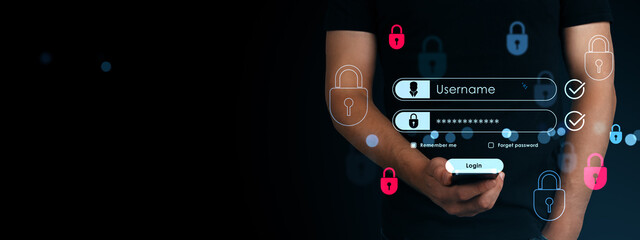 Businessman holding smartphone with digital login interface and password input on dark background representing online security concept.