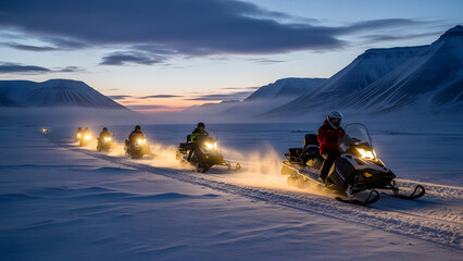 Group of People Snowmobiling in a Snowy Arctic Landscape at Dusk, Winter Adventure Activity