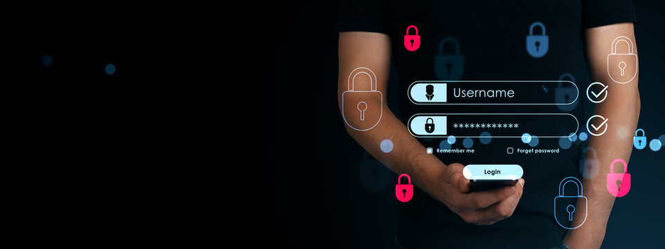 Businessman holding smartphone with digital login interface and password input on dark background representing online security concept.