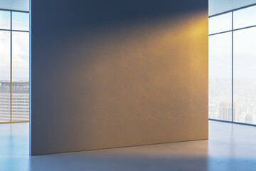Naklejka premium Blank wall in modern interior with sunlight and city view through large windows, perfect for poster or logo mockup display concept. 3D Rendering