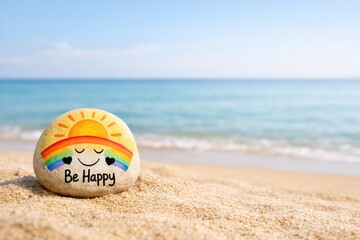 Obraz premium Happy face and rainbow painted stone on a beach with ocean and sky rock sand
