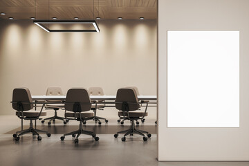 Naklejka premium Contemporary empty corporate meeting room with blank vertical banner at entrance, modern lighting and sleek interior design elements. 3D Rendering
