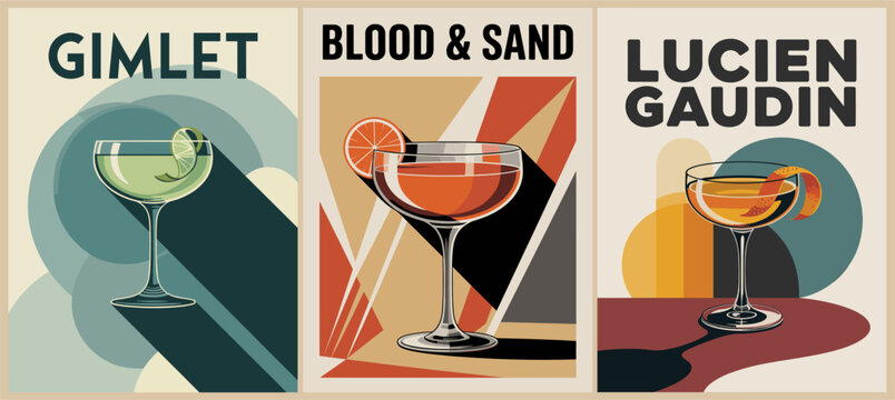 Art Deco&ndash;style retro cocktail posters set with Gimlet, Blood & Sand, and Lucien Gaudin in coupe glasses, geometric backgrounds, and bold minimalist design.