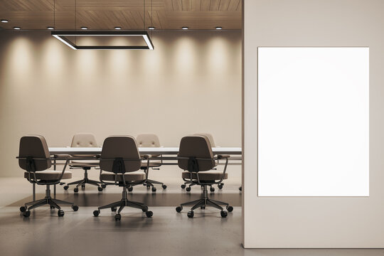 Contemporary empty corporate meeting room with blank vertical banner at entrance, modern lighting and sleek interior design elements. 3D Rendering