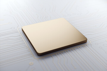 Closeup mockup of blank golden chip on white circuit board background for modern tech branding and clean futuristic design template concept. 3D Rendering