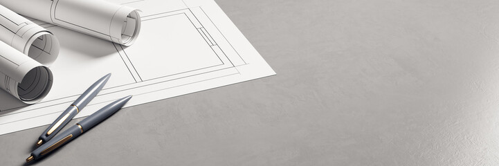 Rolled architectural blueprints and pens on an empty gray desktop with copy space, showcasing a clean modern workspace concept template. 3D Rendering © Who is Danny