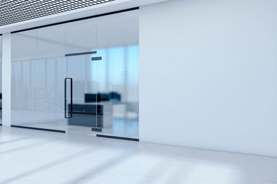 Modern corporate hallway with glass office entrance and blank white wall for signage or poster mockup in clean business interior design. 3D Rendering