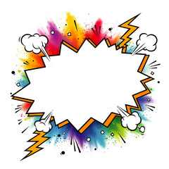 Obraz premium Vibrant comic-style speech bubble with a colorful powder explosion and lightning bolts, perfect for dynamic text or announcements with an energetic pop art feel.