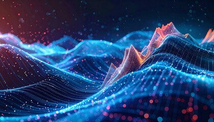 Naklejka premium Abstract Data Visualization Waves of Information Flow with Particles and Lines.