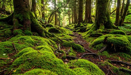 Fototapeta premium Lush Moss Covered Forest Floor Enchanting Woodland Scene Natural Beauty Green Ecosystem Tranquil Nature Setting.