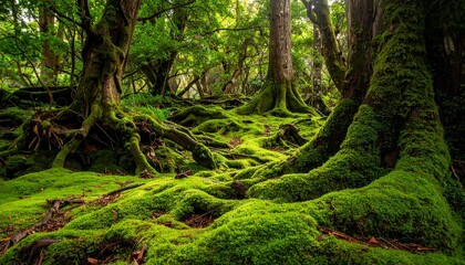 Obraz premium Enchanted Forest Landscape with Mossy Trees and Roots Lush Greenery.