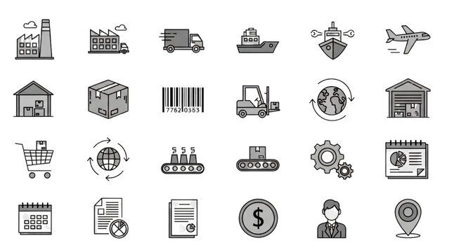 Collection of business and industry icons representing various sectors and operations in a simple line art style
