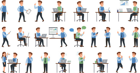 Businessman Office Work Flat Illustration Set Showing Professional Male Employee Working Presenting Communicating Using Laptop and Daily Corporate Activities