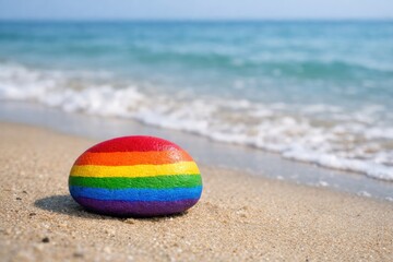 Obraz premium Rainbow painted stone rests on sandy beach with ocean waves in background rock