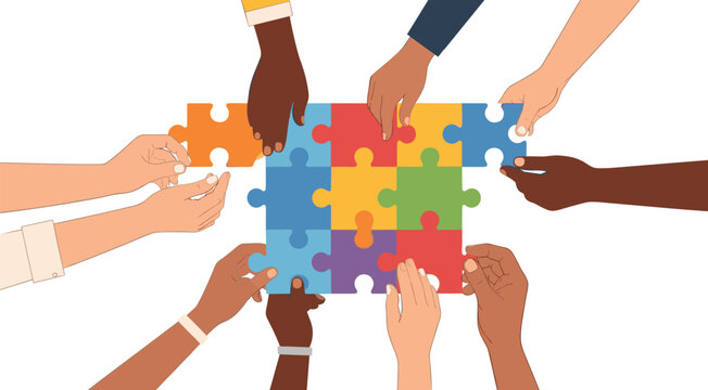 Diversity and Teamwork Flat Illustration Showing Multicultural Hands Assembling Colorful Puzzle Pieces Representing Collaboration Inclusion Unity and Shared Solutions