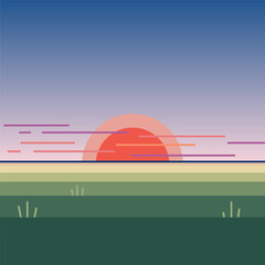 Minimal abstract sunset landscape with flat horizon.