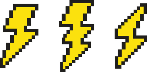 Fototapeta premium Pixel Art Lightning Bolt Icon Set - Yellow Electric Thunder Flash Symbols for Retro Game UI Vector