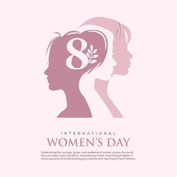 International Women&rsquo;s Day Illustration with Number 8 and Female Silhouettes &ndash; Modern Pink Women Empowerment Poster Design