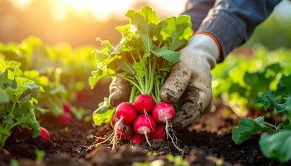 Fototapeta premium Freshly Harvested Radishes in the Garden at Sunset Organic Farming Healthy Eating and Sustainable Agriculture.