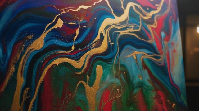 Abstract colorful liquid marble pattern with gold swirls in dark background