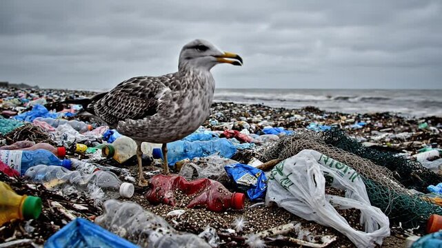 Bird searching for food amidst trash on a polluted beach with a stormy ocean background