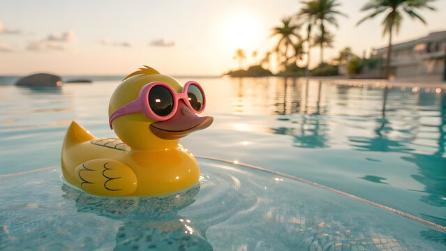 Cheerful cartoon rubber duck floating in pool water isolated on transparent background