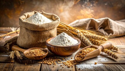 Flour and Grains Still Life on Rustic Wood Tabletop for Food Photography Concepts and Culinary Themes.