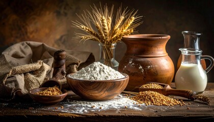 Rustic Flour Still Life with Wheat and Milk for Baking and Healthy Living Concepts.