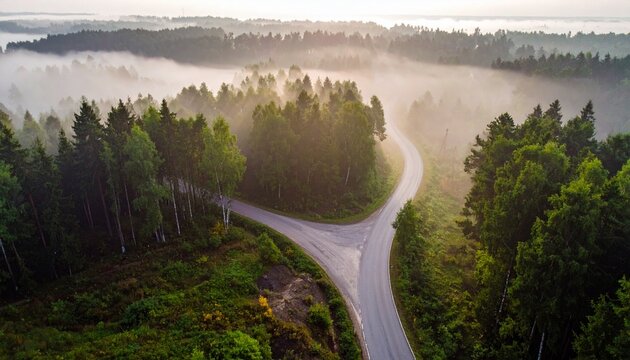 Forest Road Division Aerial View Misty Morning Serene Landscape Path Through Trees for Journey Choices and Tranquil Scene.