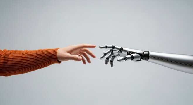A human hand, partially obscured by an orange knitted sleeve, extends towards a metallic robotic hand in an anticipatory gesture of interaction on a grey background.